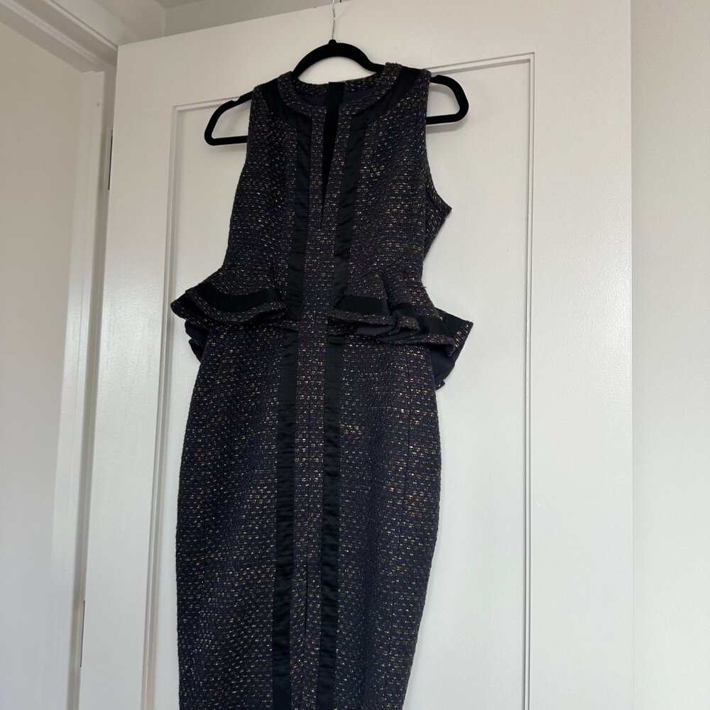 Altuzarra Peplum Pencil Dress Sz 38 Blue Black Gold Tweed Ruffle Trim
